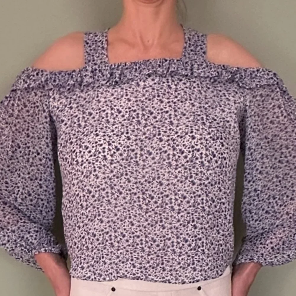 Anthropologie Caia blue and white blouse size 6 puff sleeve open shoulder
